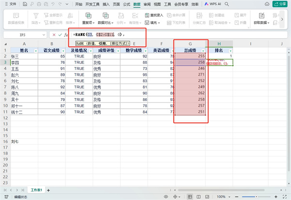 WPS表格排名次怎么排